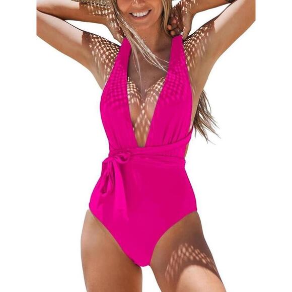NWT Cupshe Sexy Deep V Neck Bathing Suit Crisscross Back Self Tie - Size Medium - Picture 1 of 3